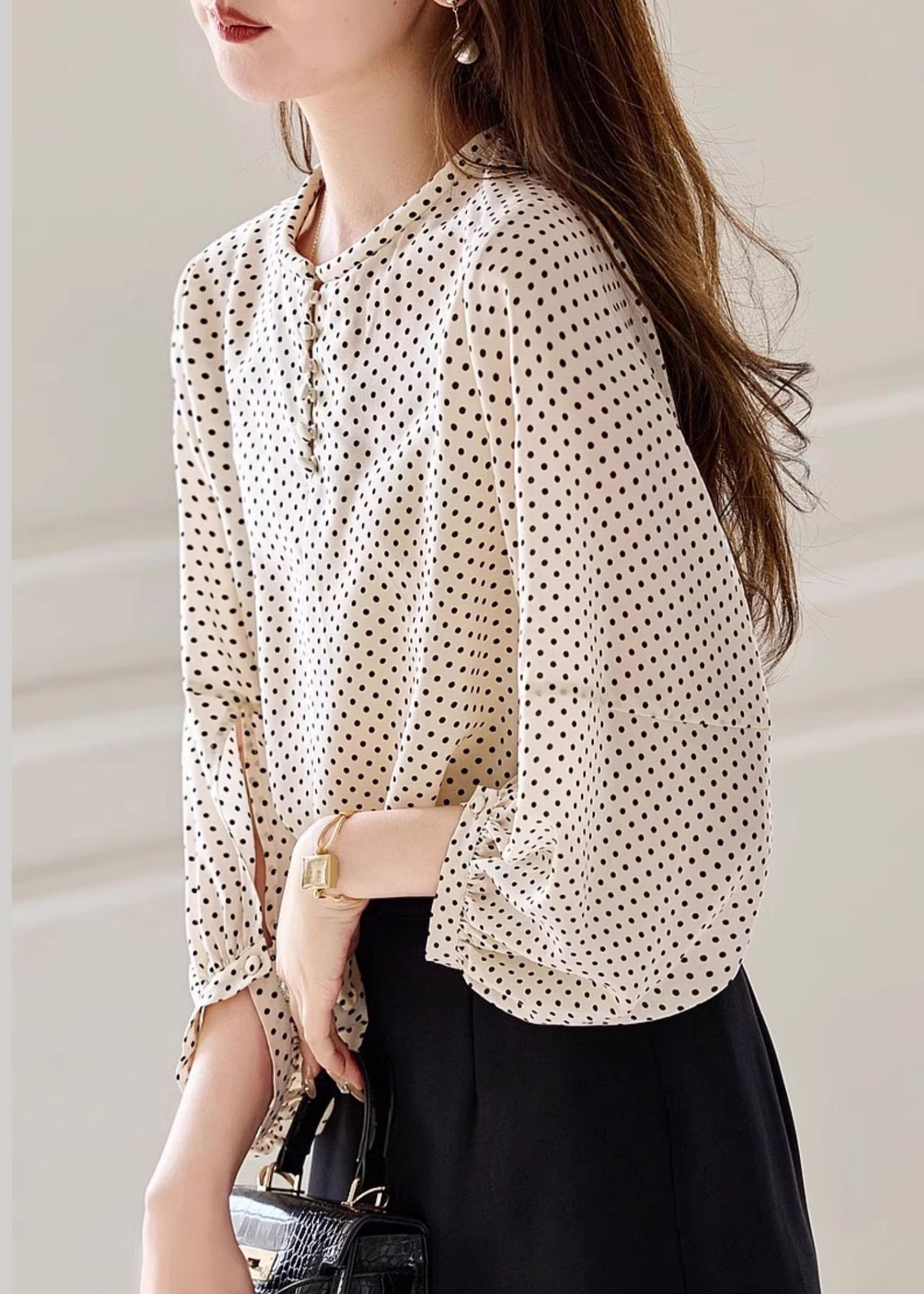 Fashion Apricot Dot Print Chiffon Top Long Sleeve WW003 OL-LTP240812