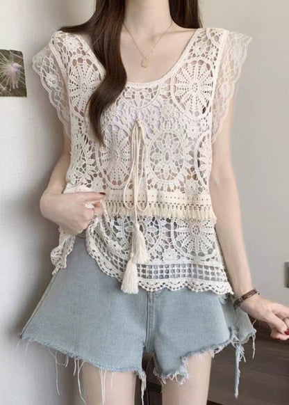 Tank Lace Apricot Fashion Tassel Summer O-Neck FashionChic