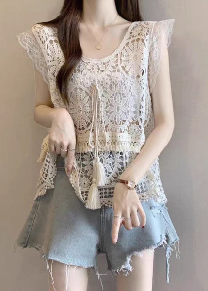 Tank Lace Apricot Fashion Tassel Summer O-Neck FashionChic