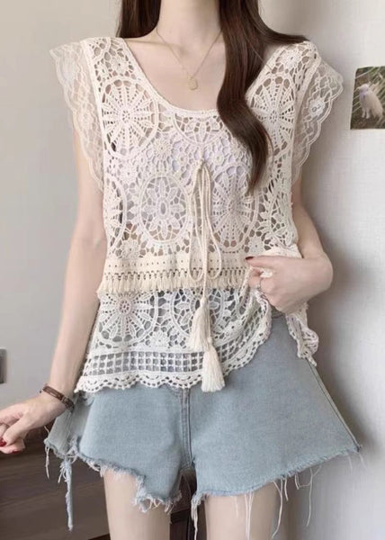 Tank Lace Apricot Fashion Tassel Summer O-Neck FashionChic