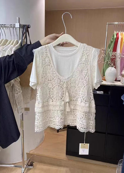 Tank Lace Apricot Fashion Tassel Summer O-Neck FashionChic