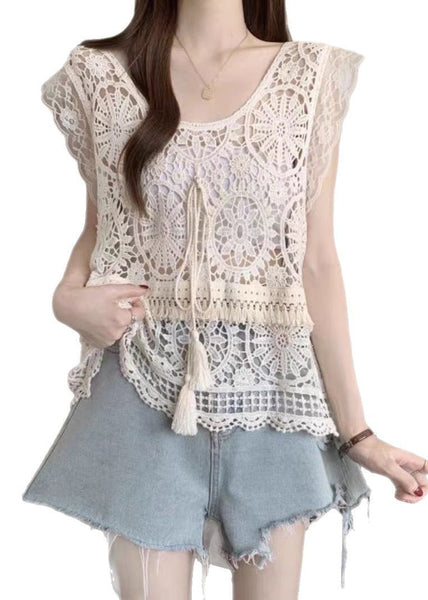 Tank Lace Apricot Fashion Tassel Summer O-Neck FashionChic