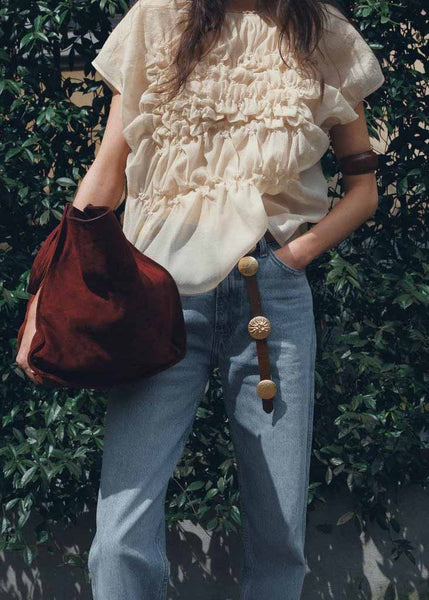 Wrinkled Top O-Neck Summer Fashion Apricot Floral Chiffon FashionChic