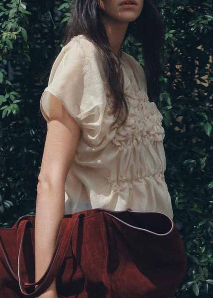 Wrinkled Top O-Neck Summer Fashion Apricot Floral Chiffon FashionChic