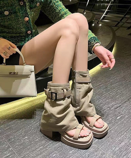 Fashion Apricot Peep Toe Chunky Heel Sandals Boots OI058 shoe-XZ240801