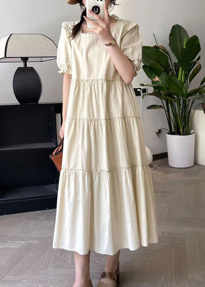 Fashion Apricot Square Collar Long Dress Short Sleeve BV027 MZF-SDL240702