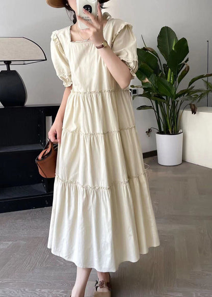 Fashion Apricot Square Collar Long Dress Short Sleeve BV027 MZF-SDL240702