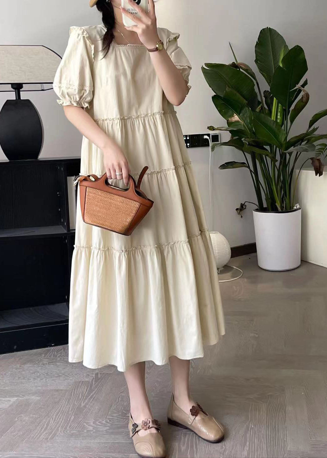 Fashion Apricot Square Collar Long Dress Short Sleeve BV027 MZF-SDL240702