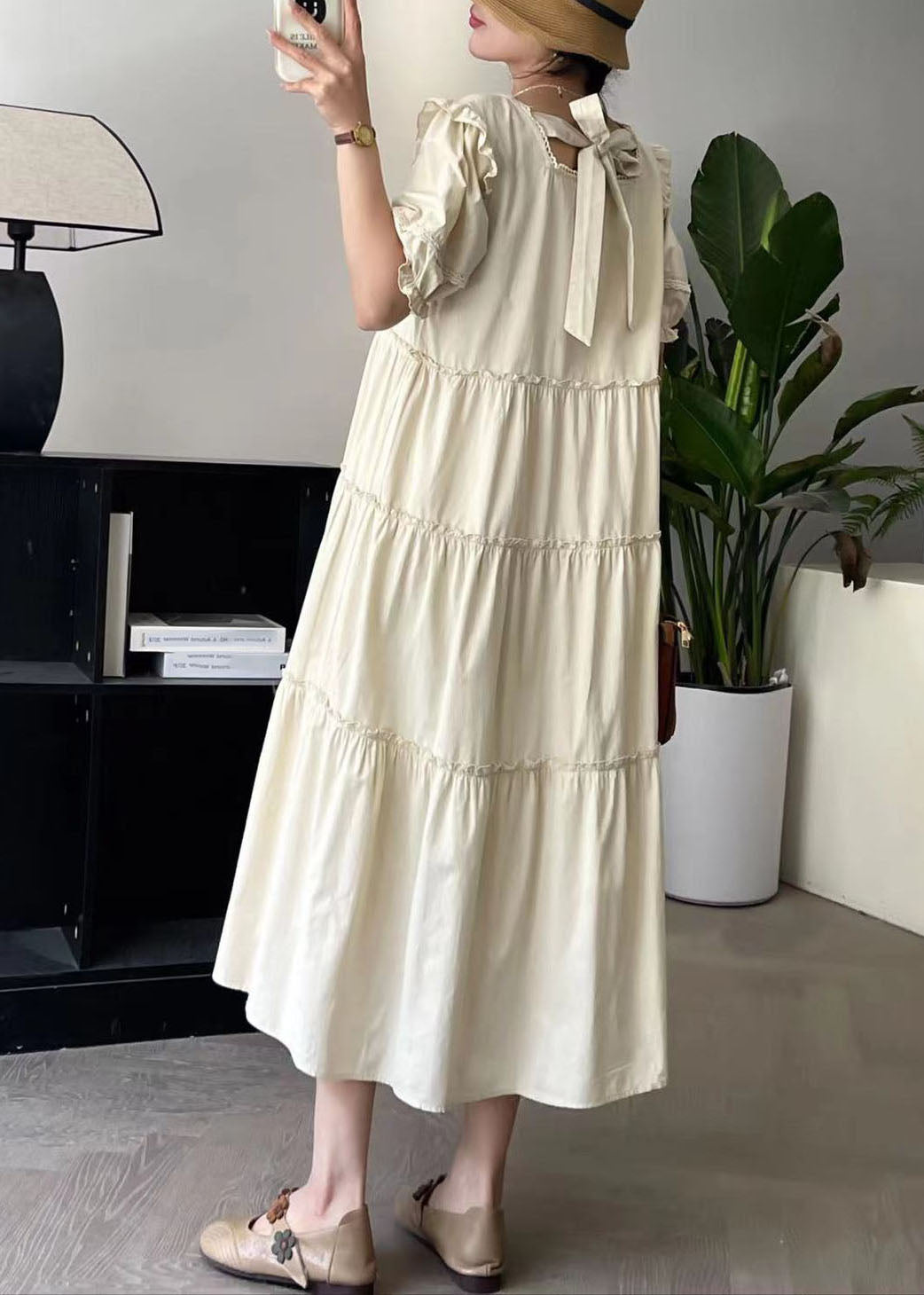 Fashion Apricot Square Collar Long Dress Short Sleeve BV027 MZF-SDL240702