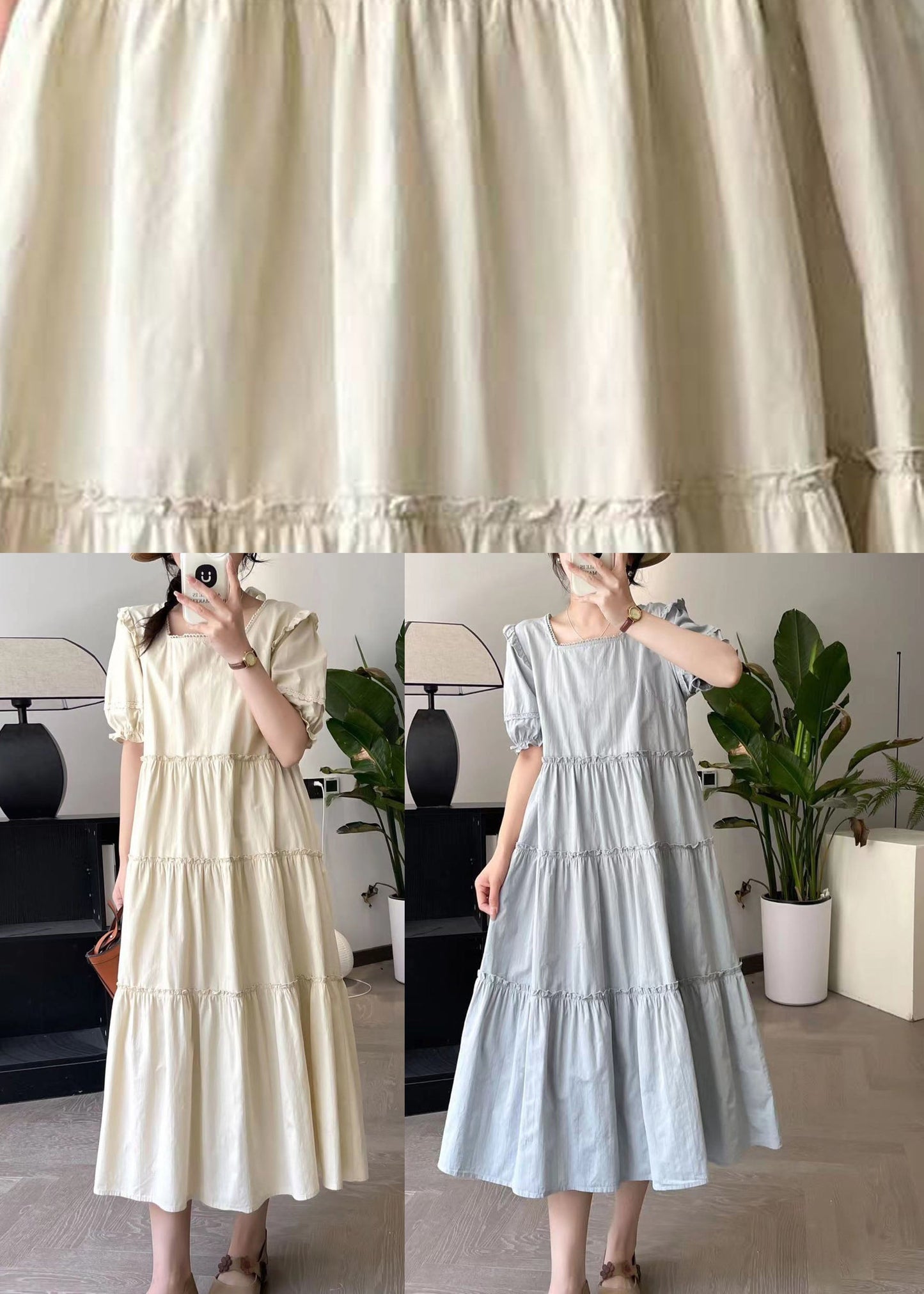 Fashion Apricot Square Collar Long Dress Short Sleeve BV027 MZF-SDL240702