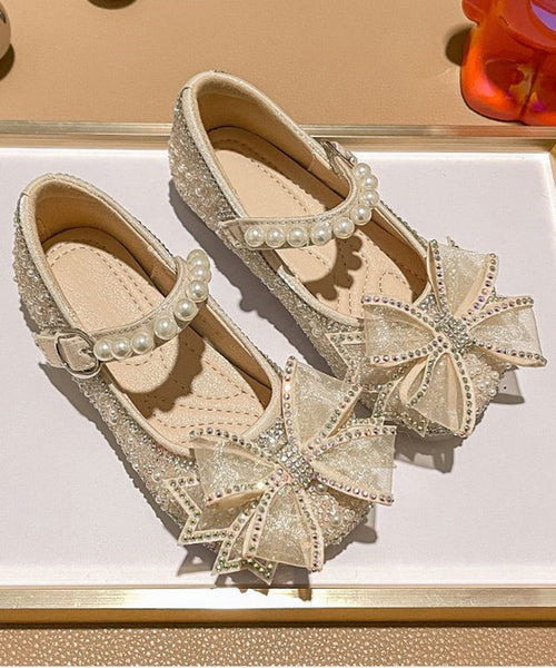 Fashion Strap Apricot Pearl Buckle Flats Zircon Kids FashionChic