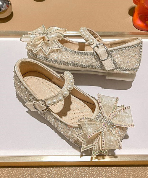Fashion Strap Apricot Pearl Buckle Flats Zircon Kids FashionChic