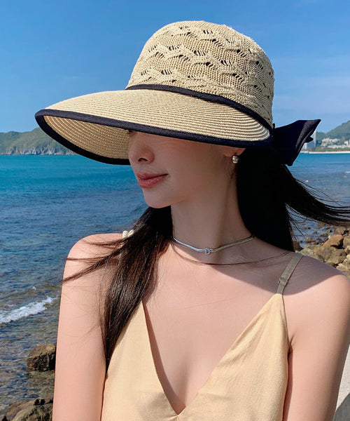 Fashion Beige Hollow Breathable Sun Hat Bow Large Brim II056 hat-HAT240825