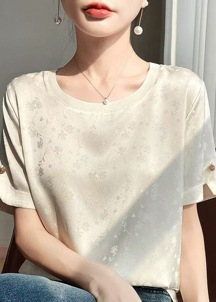 Sleeve Beige Silk Original Blouses Fashion Design Short Jacquard FashionChic