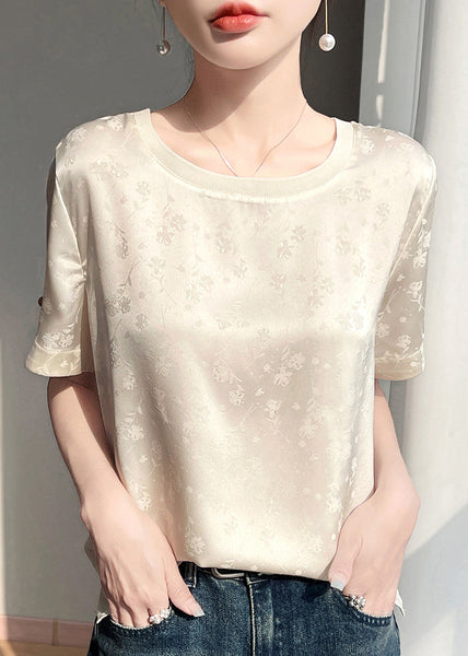 Sleeve Beige Silk Original Blouses Fashion Design Short Jacquard FashionChic