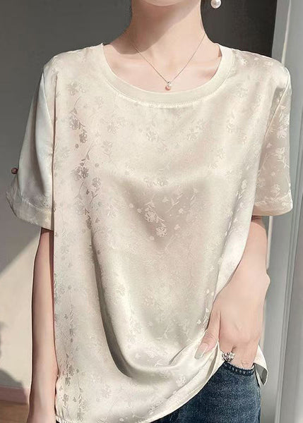 Sleeve Beige Silk Original Blouses Fashion Design Short Jacquard FashionChic