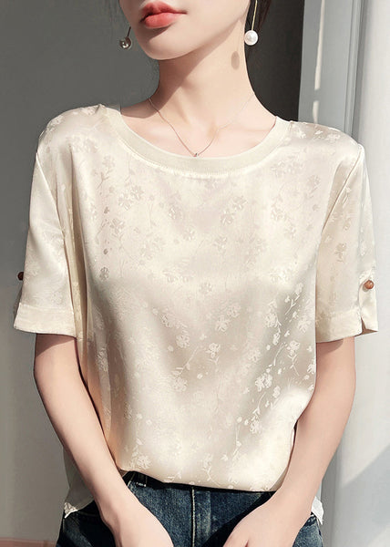 Sleeve Beige Silk Original Blouses Fashion Design Short Jacquard FashionChic