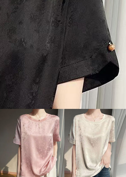 Sleeve Beige Silk Original Blouses Fashion Design Short Jacquard FashionChic