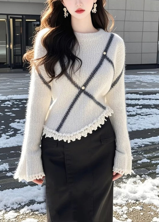 Fashion Beige O Neck Patchwork Knit Sweaters Flare Sleeve TQ006 ABC