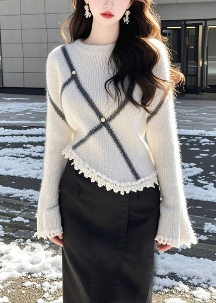 Fashion Beige O Neck Patchwork Knit Sweaters Flare Sleeve TQ006 ABC