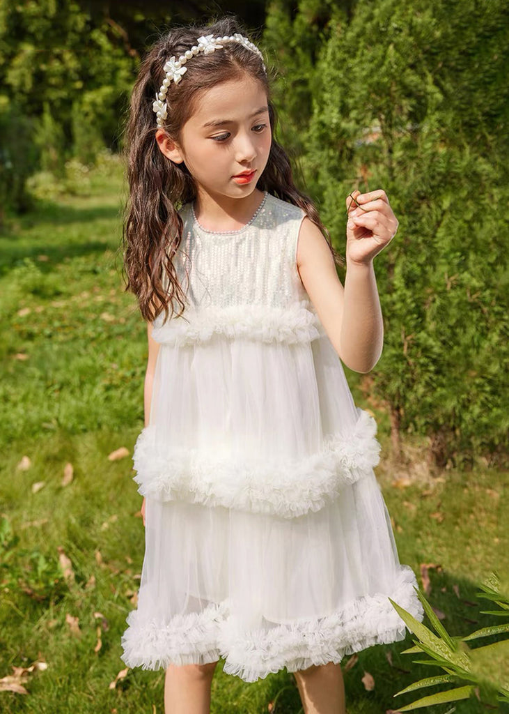 Fashion Beige O-Neck Patchwork Tulle Kids Mid Dresses Summer XZ012 FALL-MM-RCTZ-SDGM240618