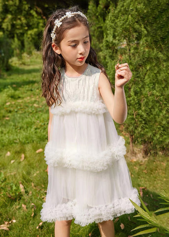 Fashion Beige O-Neck Patchwork Tulle Kids Mid Dresses Summer XZ012 FALL-MM-RCTZ-SDGM240618