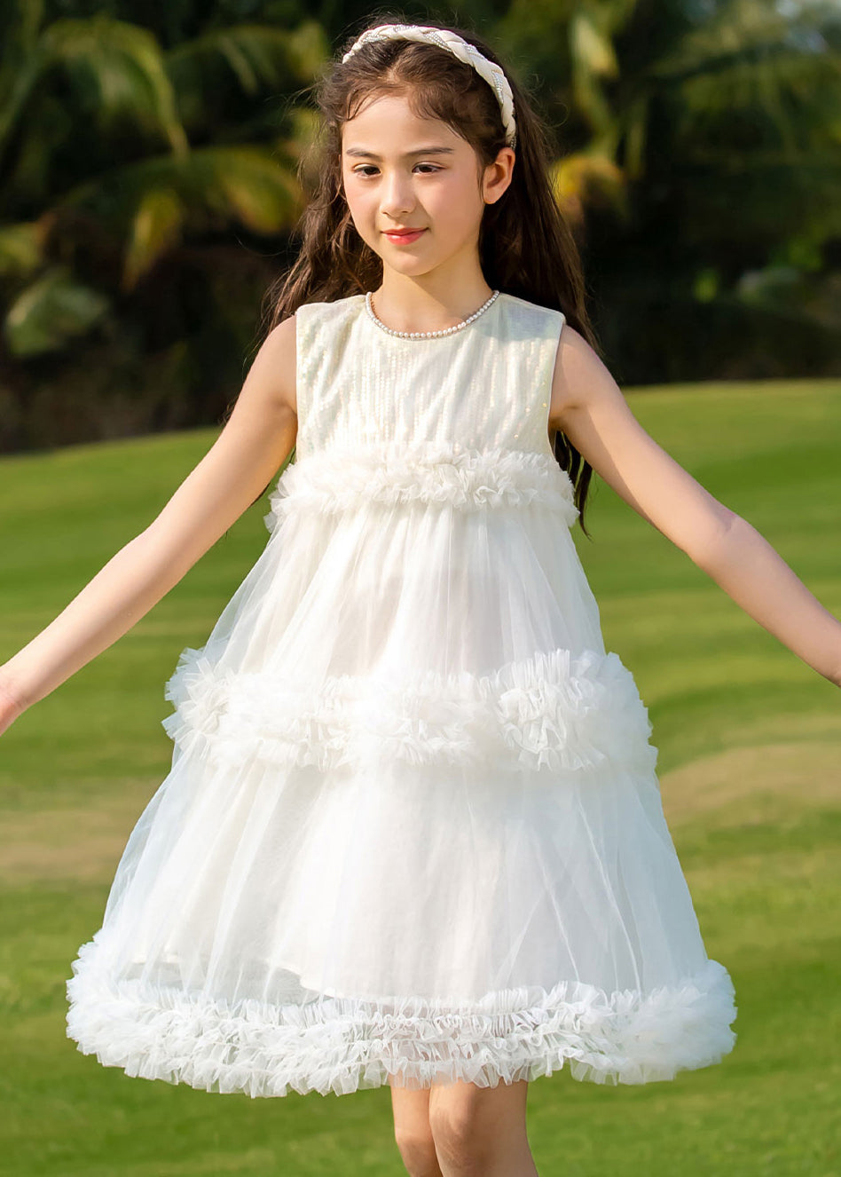 Fashion Beige O-Neck Patchwork Tulle Kids Mid Dresses Summer XZ012 FALL-MM-RCTZ-SDGM240618