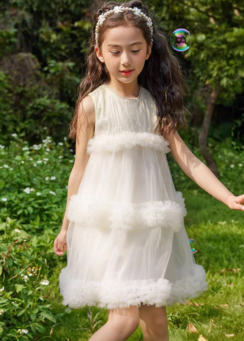 Fashion Beige O-Neck Patchwork Tulle Kids Mid Dresses Summer XZ012 FALL-MM-RCTZ-SDGM240618