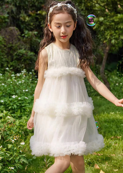 Fashion Beige O-Neck Patchwork Tulle Kids Mid Dresses Summer XZ012 FALL-MM-RCTZ-SDGM240618