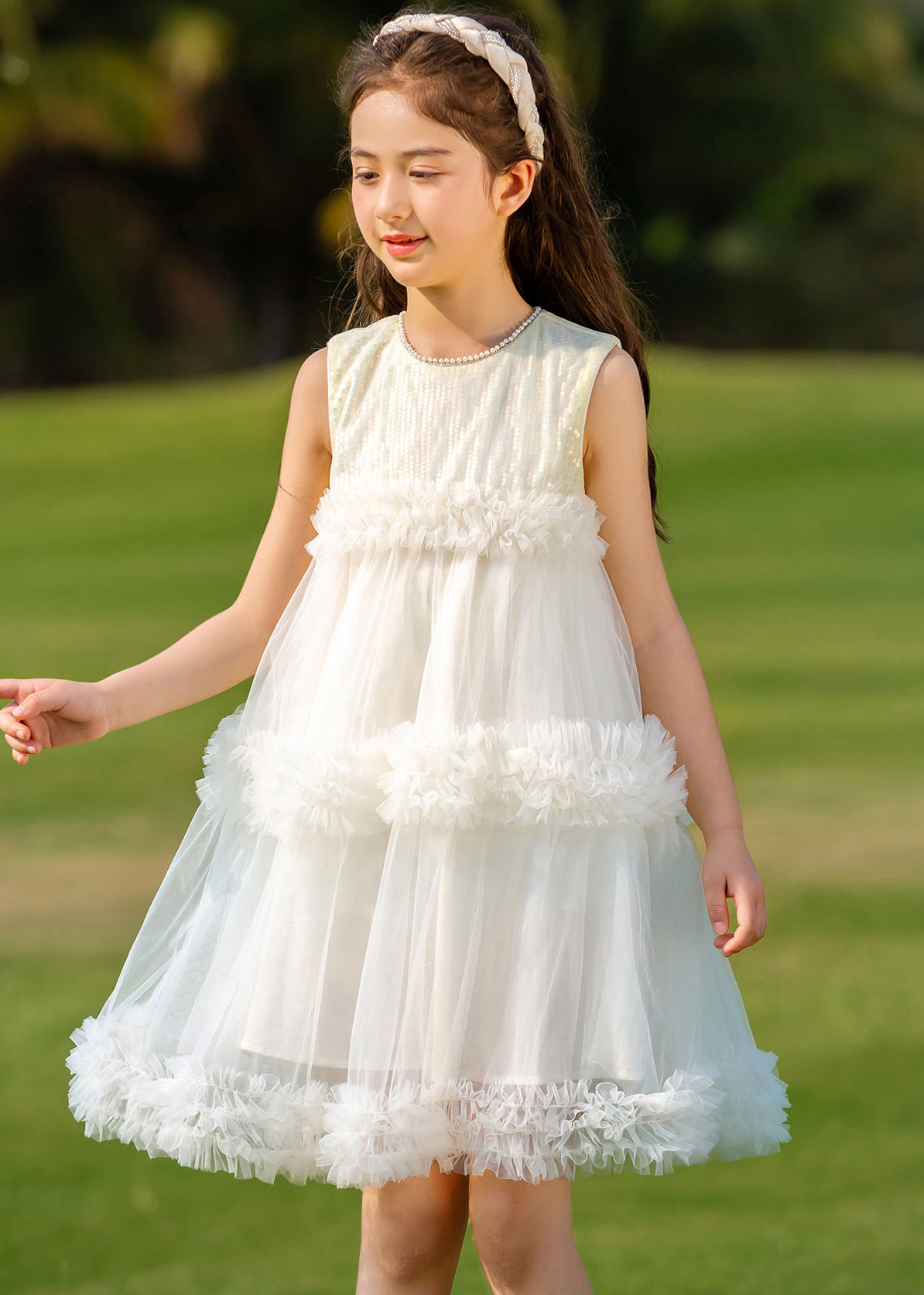 Fashion Beige O-Neck Patchwork Tulle Kids Mid Dresses Summer XZ012 FALL-MM-RCTZ-SDGM240618