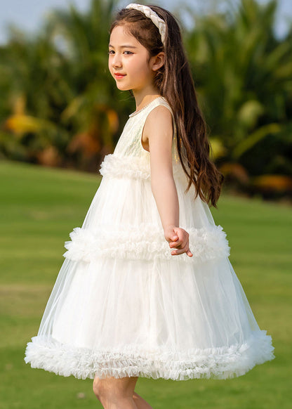 Fashion Beige O-Neck Patchwork Tulle Kids Mid Dresses Summer XZ012 FALL-MM-RCTZ-SDGM240618