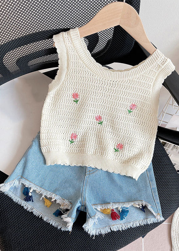 Fashion Beige Print Knit Girls Vest And Shorts Two Pieces Set Summer SS1005 MM-RCTZ-TPGIEC240601