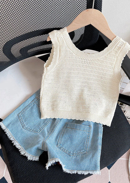 Fashion Beige Print Knit Girls Vest And Shorts Two Pieces Set Summer SS1005 MM-RCTZ-TPGIEC240601