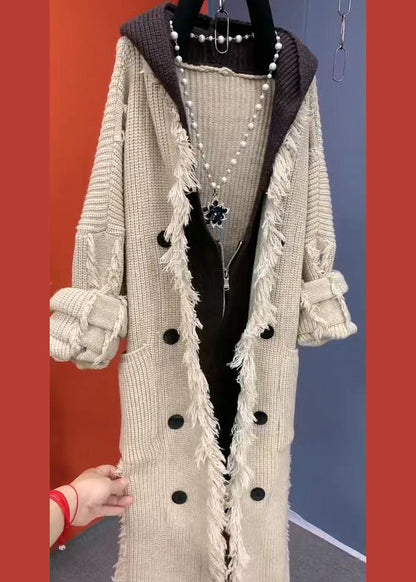 Fashion Beige Tasseled Patchwork Knit Hooded Coat Fall RU030 ABC
