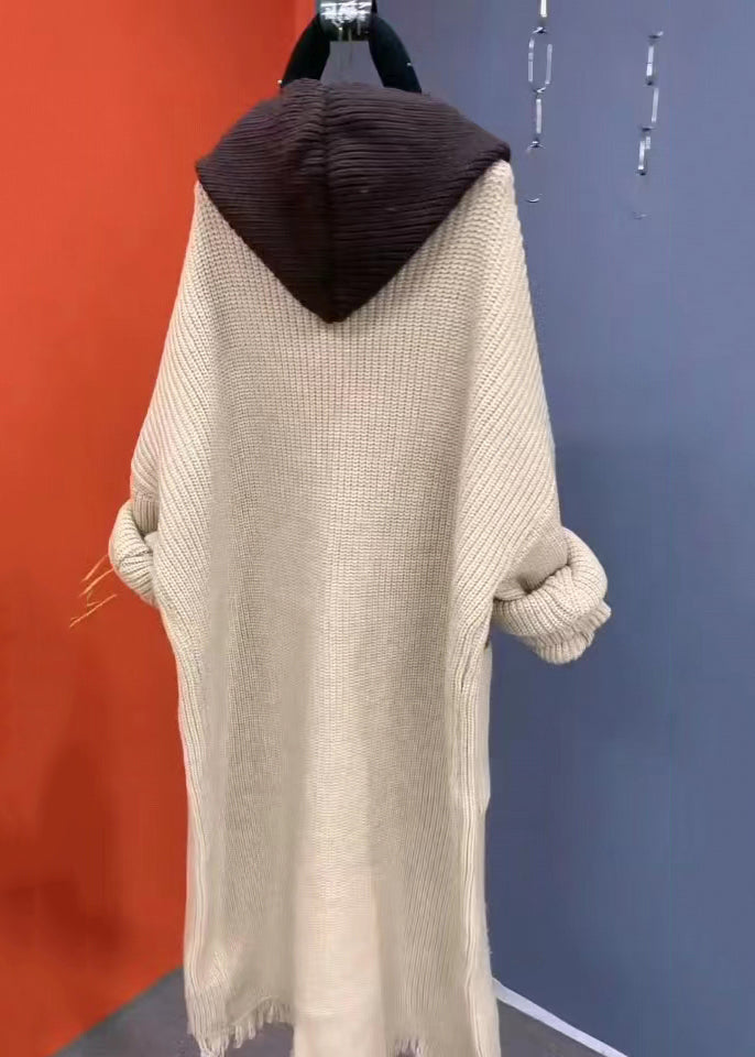 Fashion Beige Tasseled Patchwork Knit Hooded Coat Fall RU030 ABC
