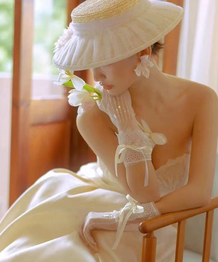 Wrinkled Tulle Woven Cloche Fashion Hat Straw Beige FashionChic