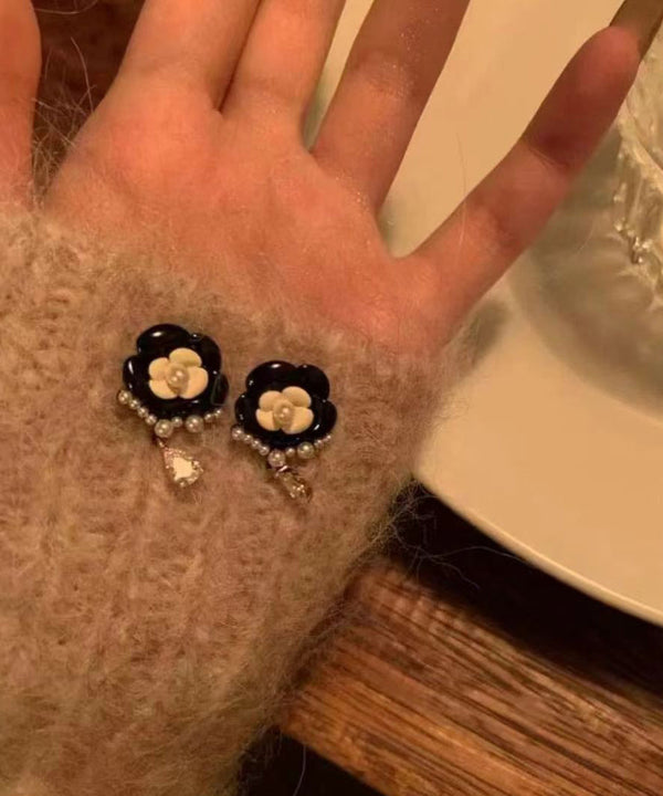 Fashion Black Alloy Pearl Crystal Floral Tassel Drop Earrings DF1018 Ada Fashion