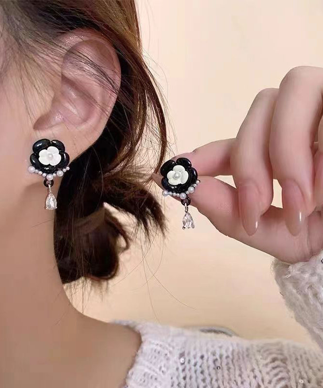 Fashion Black Alloy Pearl Crystal Floral Tassel Drop Earrings DF1018 Ada Fashion