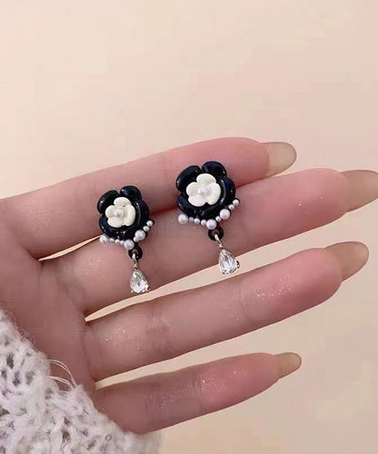 Fashion Black Alloy Pearl Crystal Floral Tassel Drop Earrings DF1018 Ada Fashion