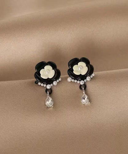 Fashion Black Alloy Pearl Crystal Floral Tassel Drop Earrings DF1018 Ada Fashion