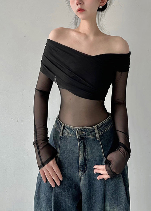 Fashion Black Cold Shoulder Sexy Tulle Blouse Tops Fall AL1059 Genistyle Shop