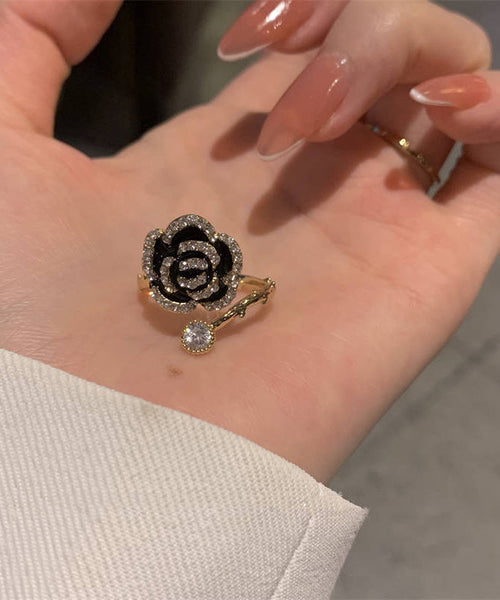 Fashion Black Copper Overgild Zircon Camellia Rings PO013 JEW-RIN240729