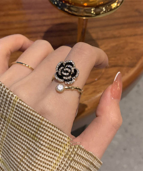 Fashion Black Copper Overgild Zircon Camellia Rings PO013 JEW-RIN240729