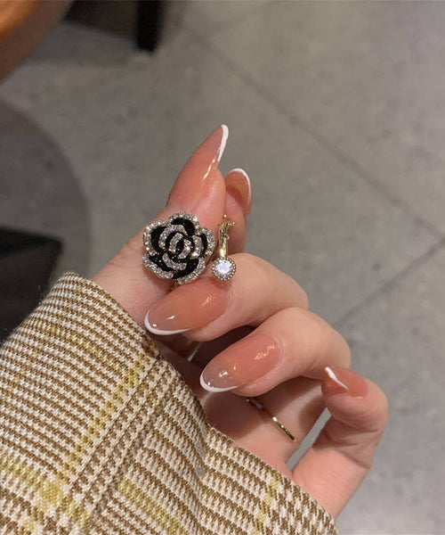 Fashion Black Copper Overgild Zircon Camellia Rings PO013 JEW-RIN240729