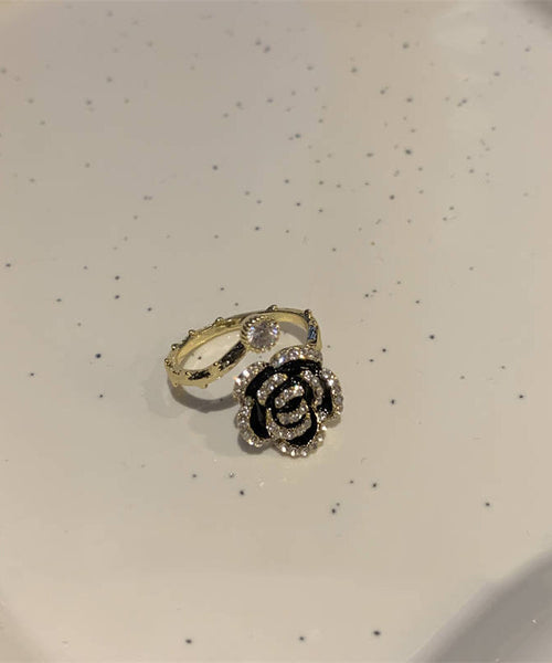 Fashion Black Copper Overgild Zircon Camellia Rings PO013 JEW-RIN240729