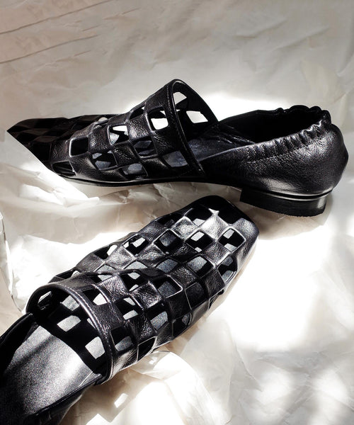 Shoes Leather Loafer Cowhide Out Splicing Fashion Black Hollow FashionChic