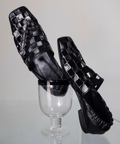 Shoes Leather Loafer Cowhide Out Splicing Fashion Black Hollow FashionChic