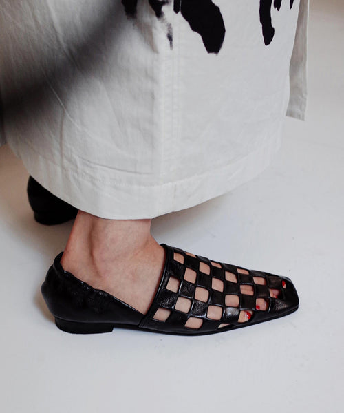 Shoes Leather Loafer Cowhide Out Splicing Fashion Black Hollow FashionChic