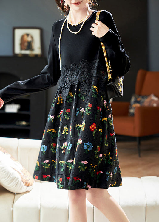 Fashion Black Embroidered Lace Patchwork Cotton Dress Spring RL024 ABC