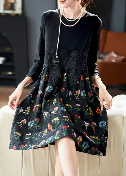 Fashion Black Embroidered Lace Patchwork Cotton Dress Spring RL024 ABC